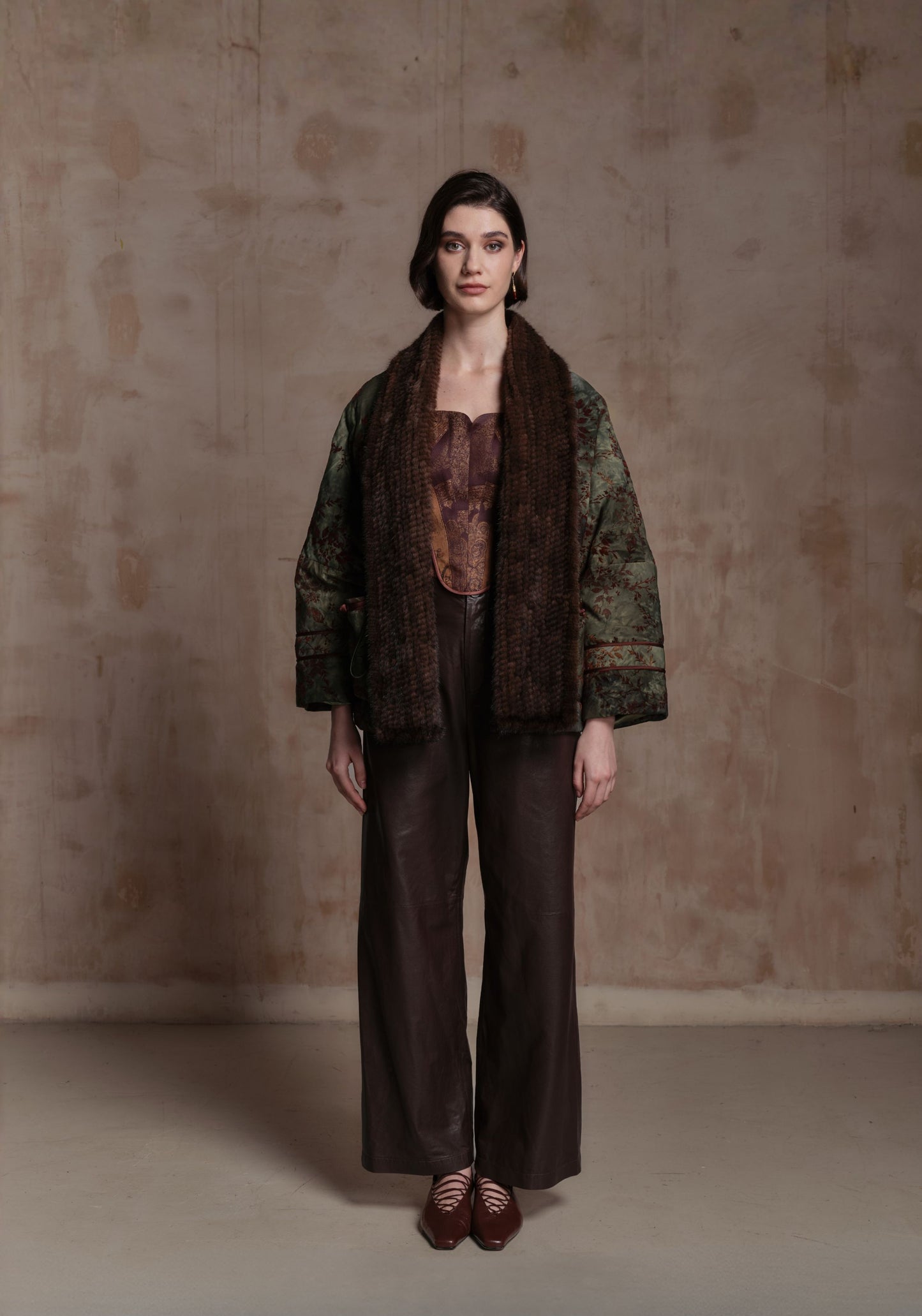 Green Puffer Jacket with Hand-woven Fur Collars