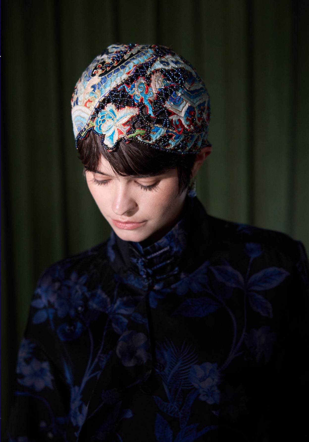Black Silk Jacket with Blue Pattern