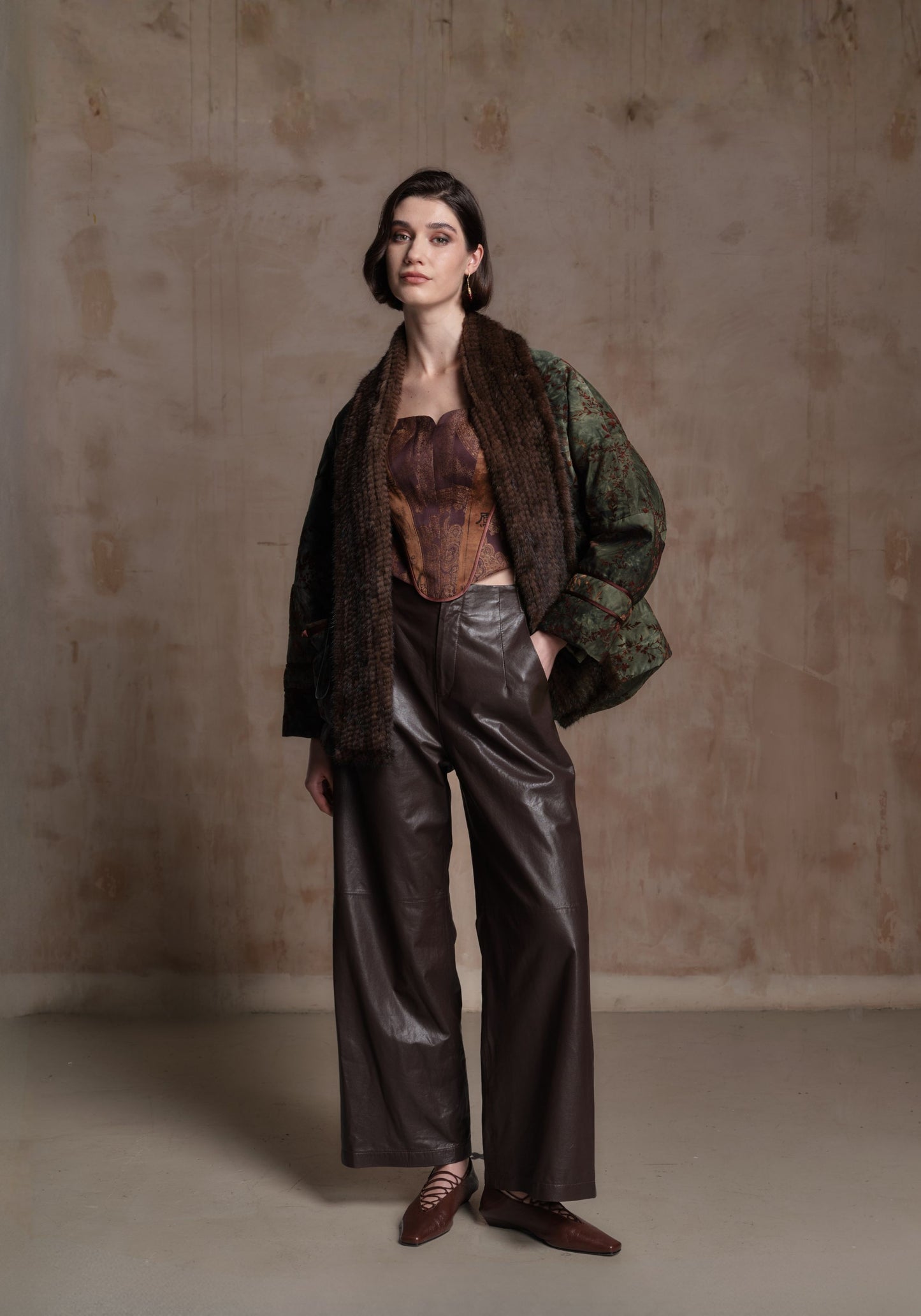 Green Puffer Jacket with Hand-woven Fur Collars