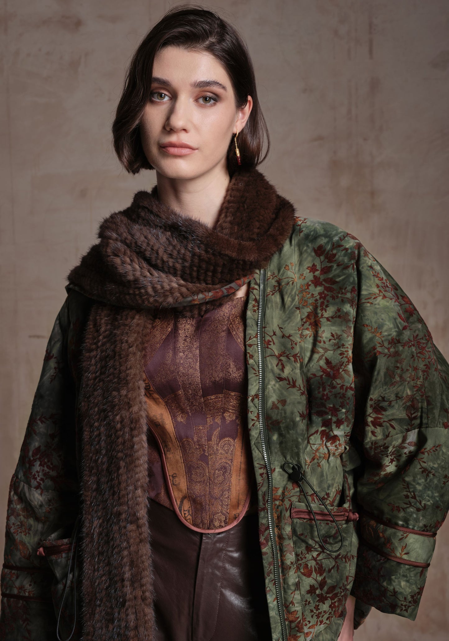 Green Puffer Jacket with Hand-woven Fur Collars