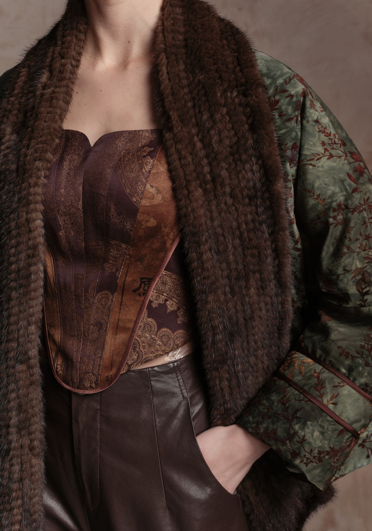 Green Puffer Jacket with Hand-woven Fur Collars