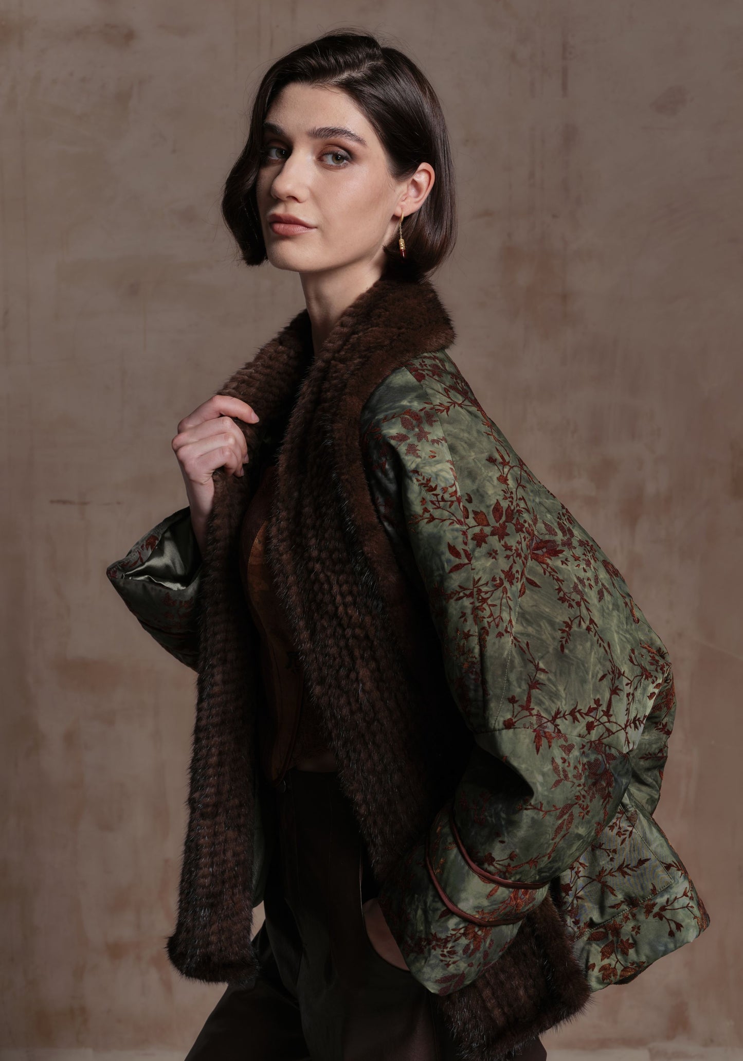 Green Puffer Jacket with Hand-woven Fur Collars