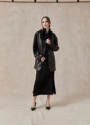 Sheep Leather Coat with Ruffled Collar and Belted Waist — Black