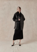 Sheep Leather Coat with Ruffled Collar and Belted Waist — Black