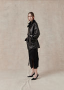 Sheep Leather Coat with Ruffled Collar and Belted Waist — Black