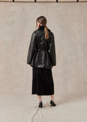Sheep Leather Coat with Ruffled Collar and Belted Waist — Black
