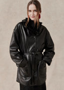 Sheep Leather Coat with Ruffled Collar and Belted Waist — Black