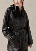 Sheep Leather Coat with Ruffled Collar and Belted Waist — Black