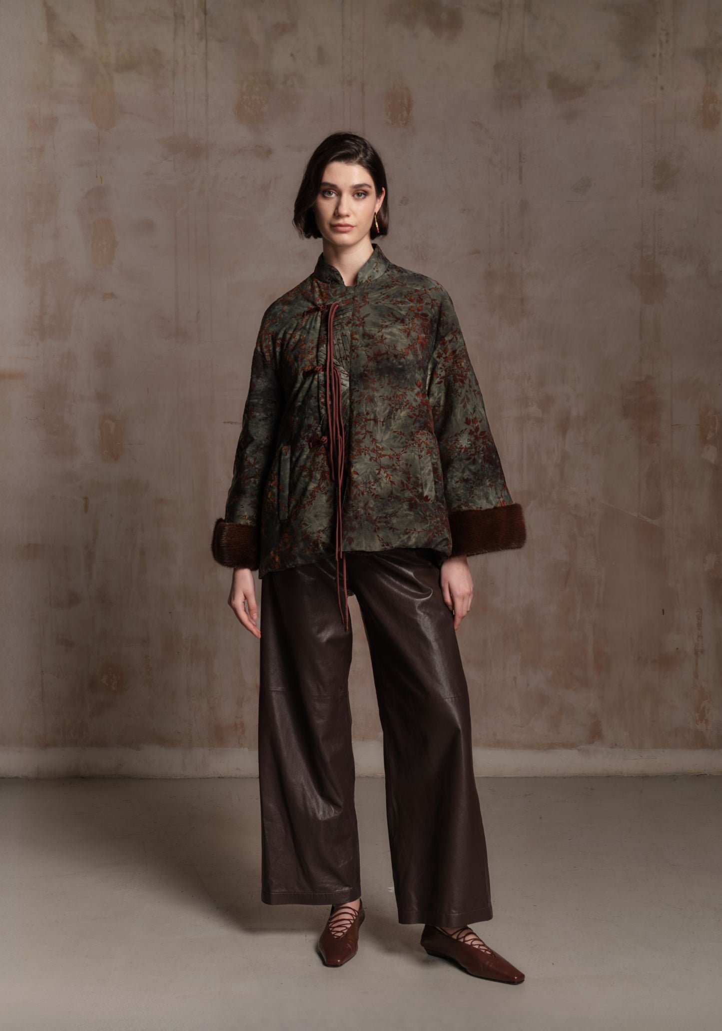 Green A Shape Puffer Jacket with Chinese Tassel Buttons