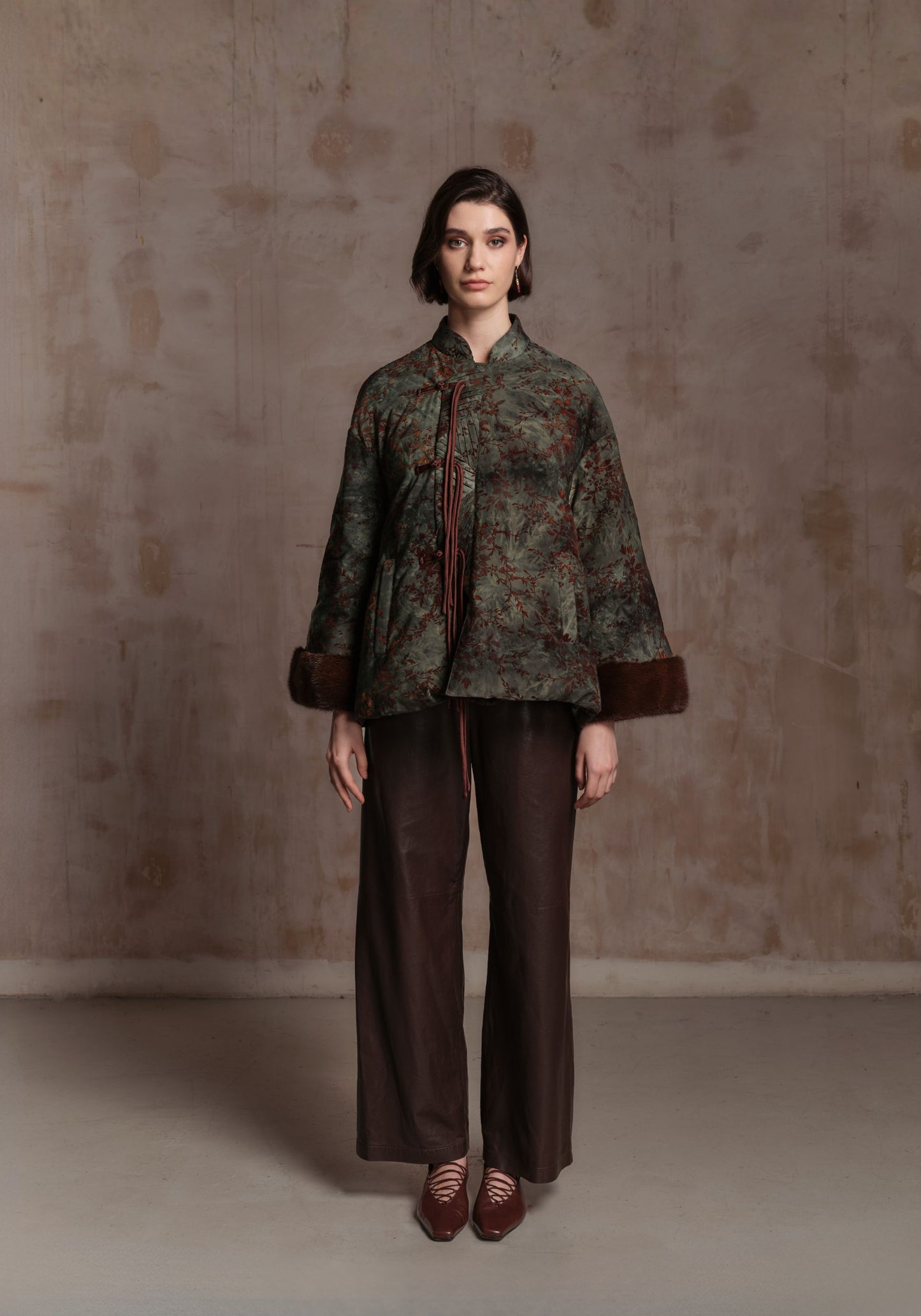 Green A Shape Puffer Jacket with Chinese Tassel Buttons