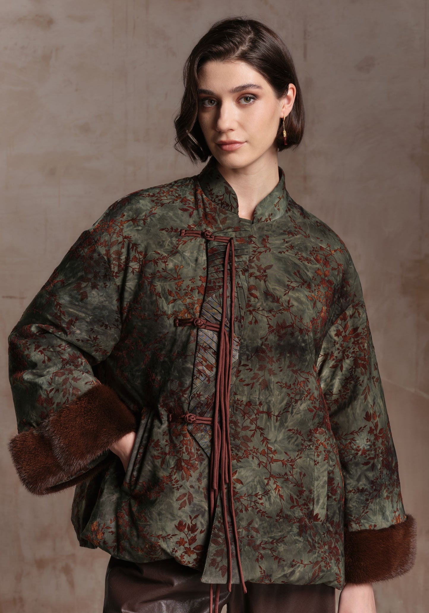 Green A Shape Puffer Jacket with Chinese Tassel Buttons