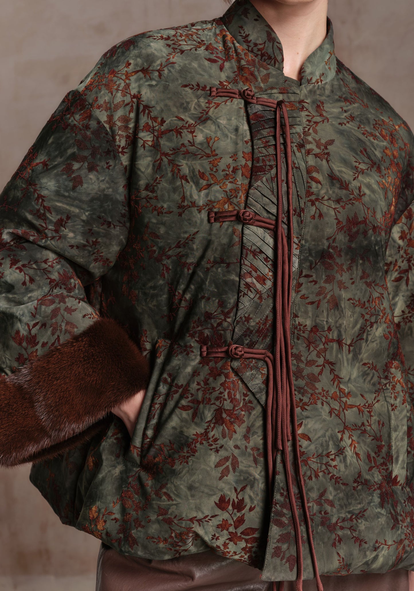 Green A Shape Puffer Jacket with Chinese Tassel Buttons