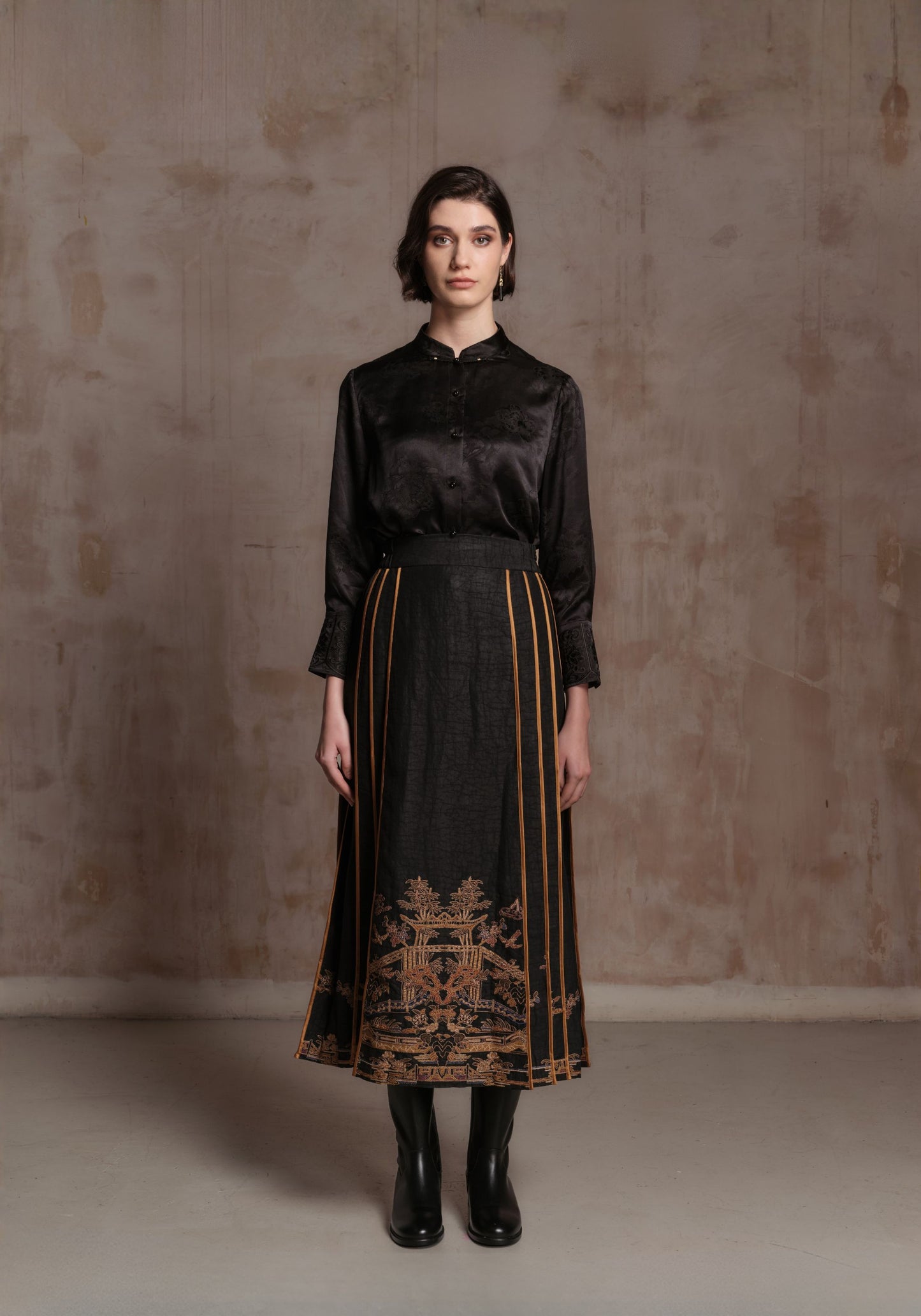 Black Silk Shirt with Embroidered Cuffs