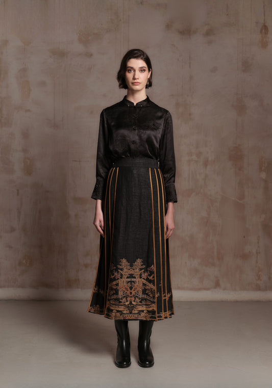 Traditional Chinese Black Skirt with Golden Embroidery