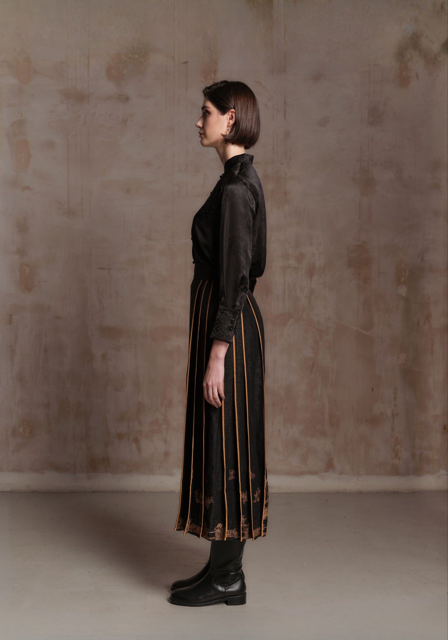 Black Silk Shirt with Embroidered Cuffs