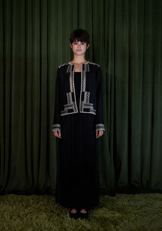 Black Mud-Dyed Silk Jacket with Gold Details