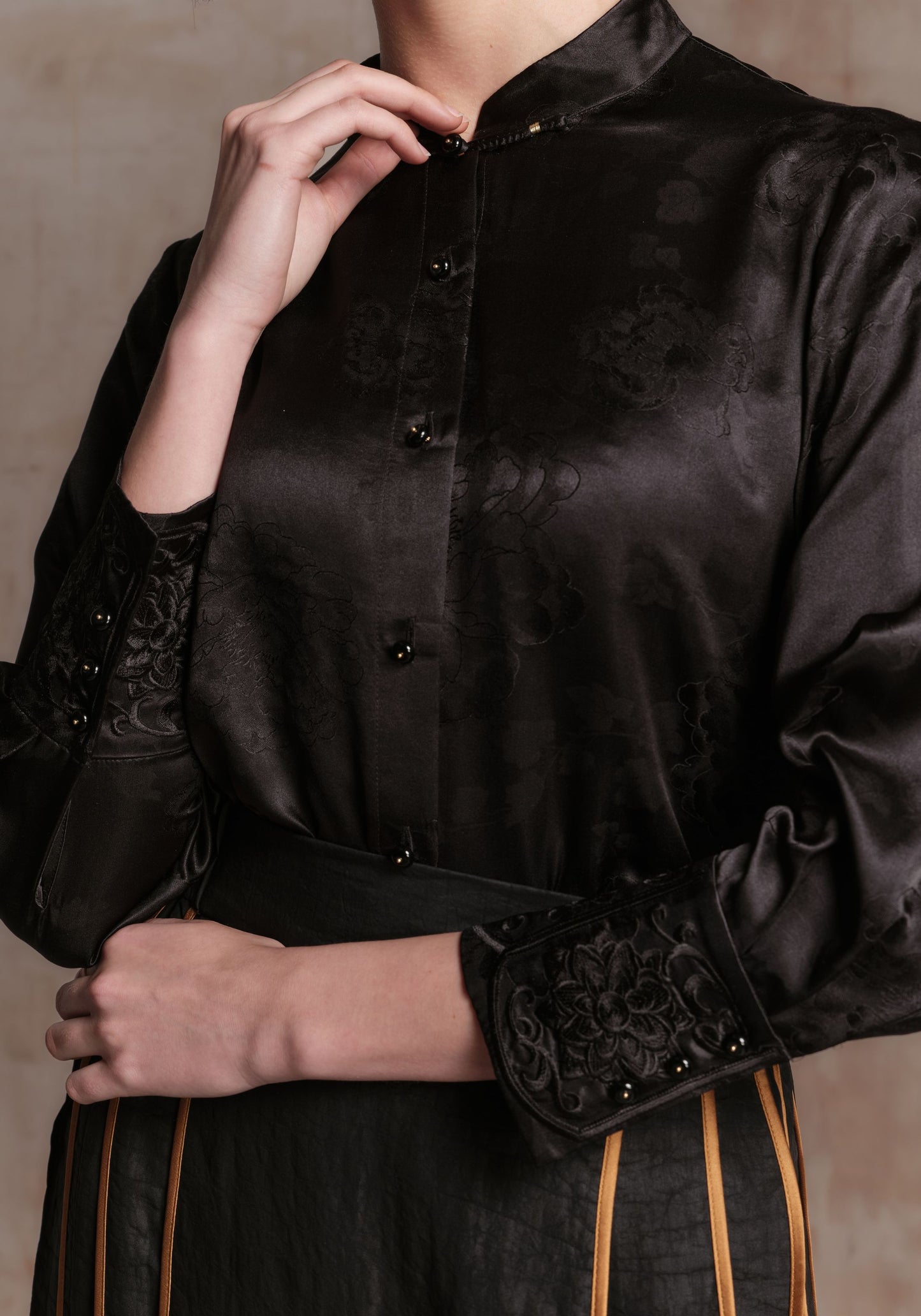 Black Silk Shirt with Embroidered Cuffs