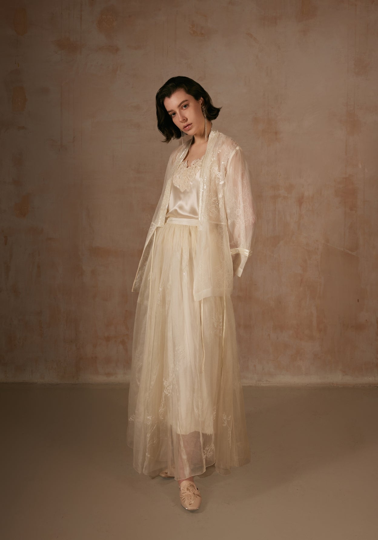 White Lace Silk Shirt with Beadings