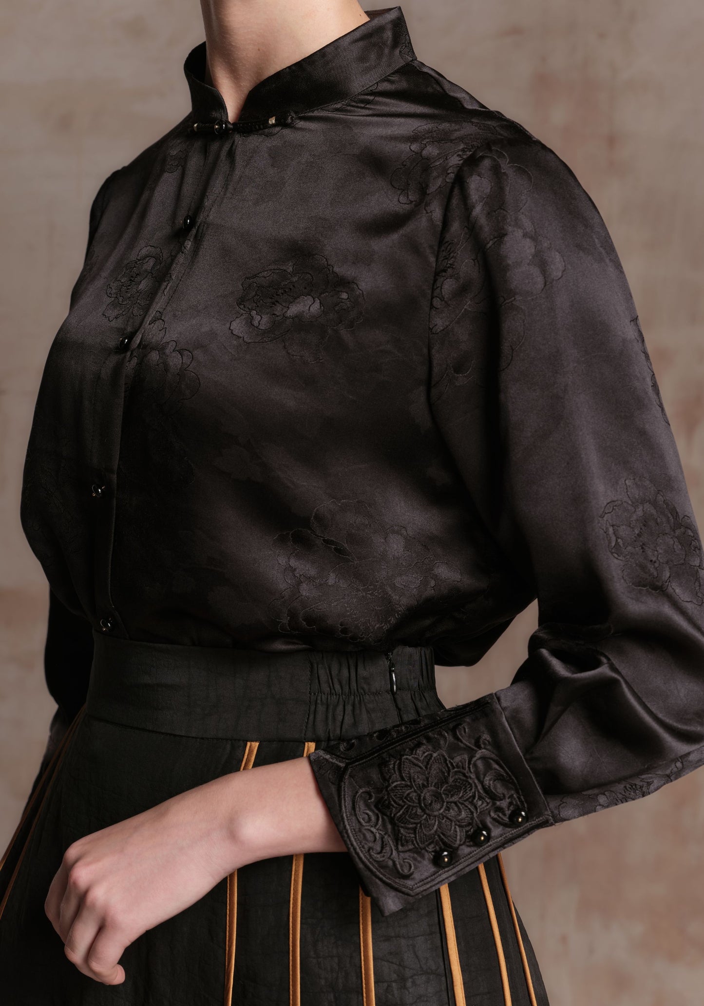 Black Silk Shirt with Embroidered Cuffs