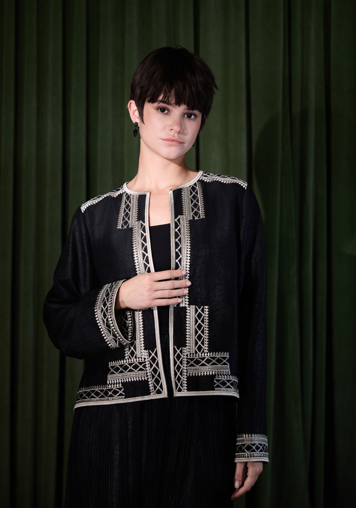Black Mud-Dyed Silk Jacket with Gold Details
