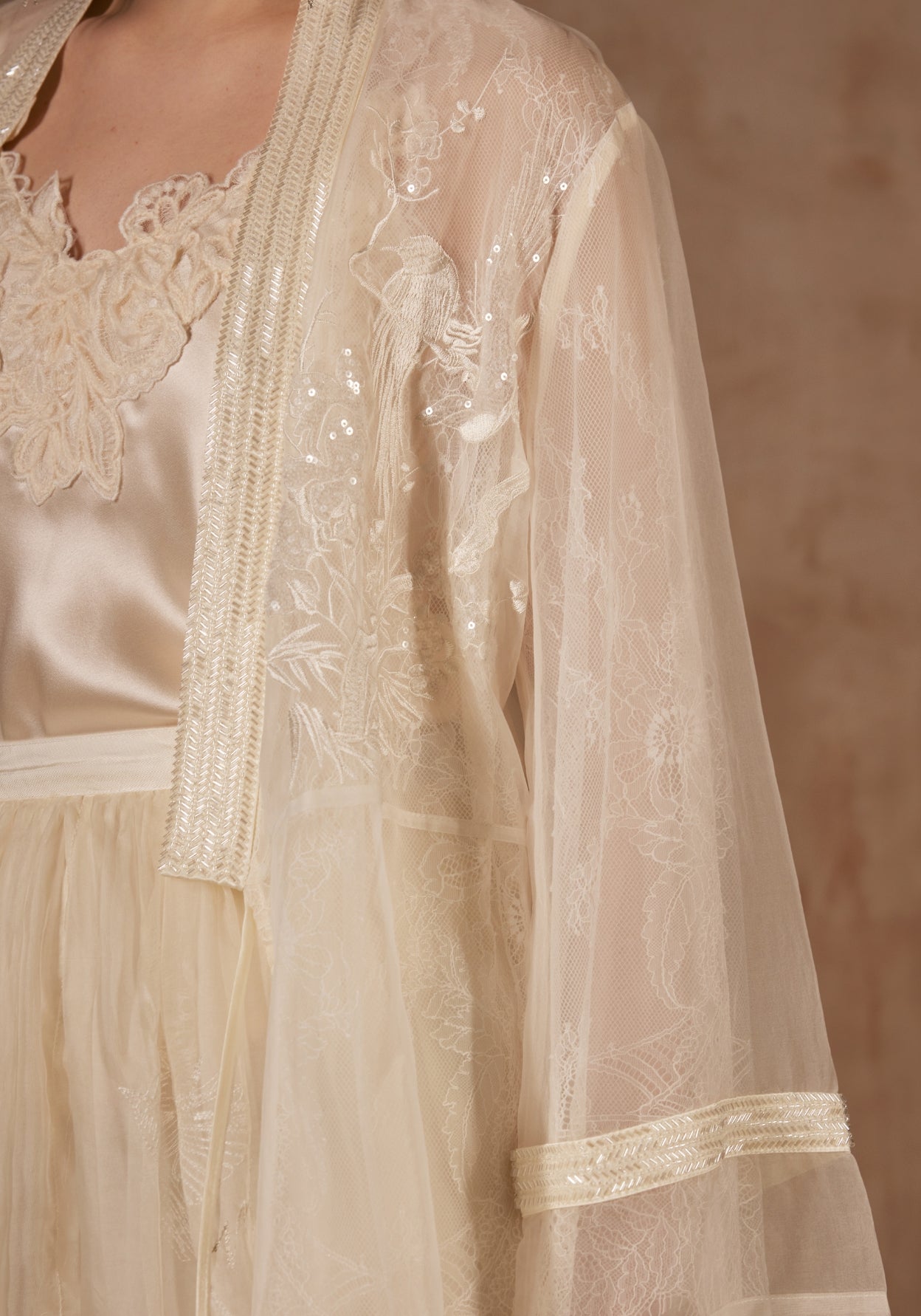 White Lace Silk Shirt with Beadings