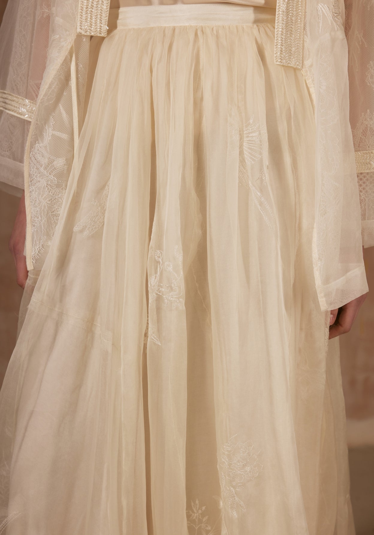 White Silk Skirt with Flower Embroidery