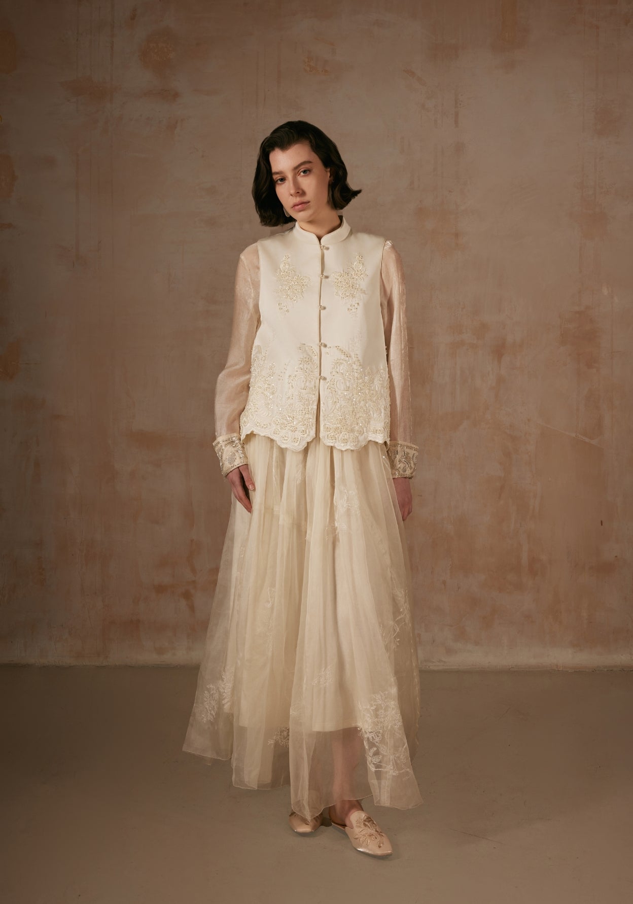 White Beading Vest with Mandarin collar