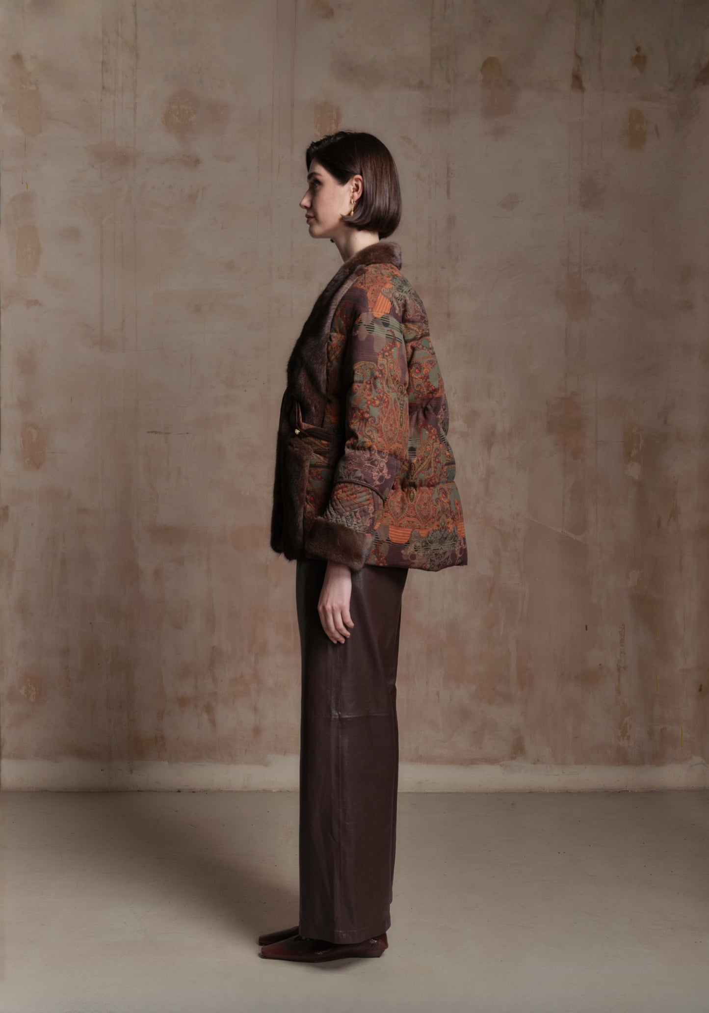 Brown Pattern Puffer Jacket with Chinese Button Details