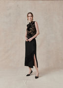 Black Satin Skirt with Fringe Detail
