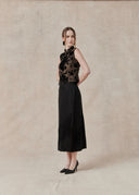 Black Satin Skirt with Fringe Detail
