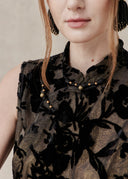 Sheer Black Floral Velvet Top with Mandarin Collar