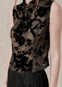 Sheer Black Floral Velvet Top with Mandarin Collar