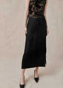 Black Satin Skirt with Fringe Detail