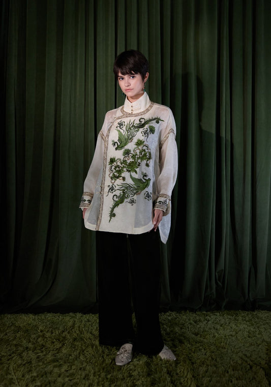 White Silk Shirt with Green Embroidery