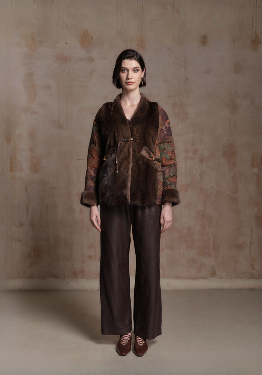 Brown Pattern Puffer Jacket with Chinese Button Details