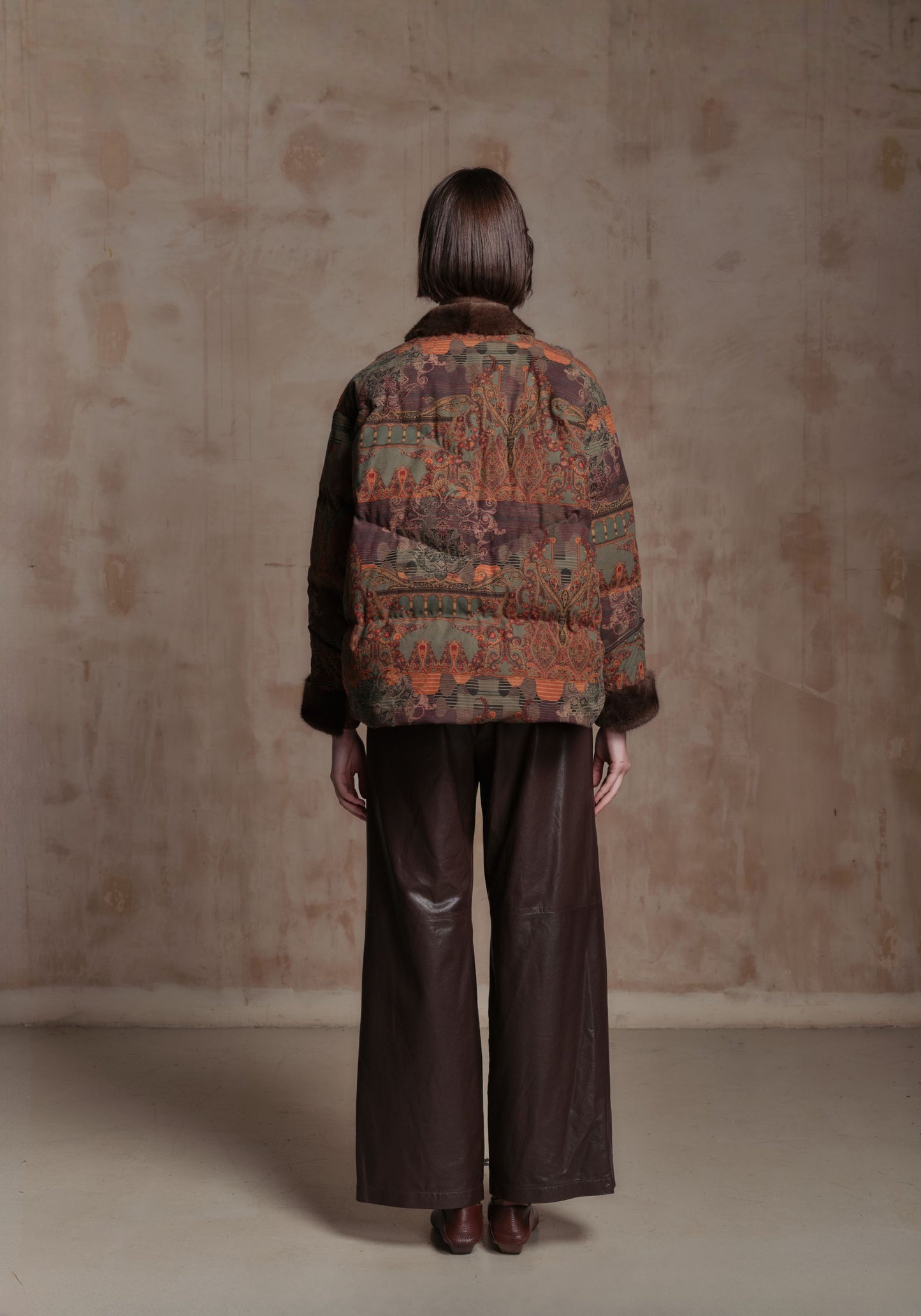 Brown Pattern Puffer Jacket with Chinese Button Details