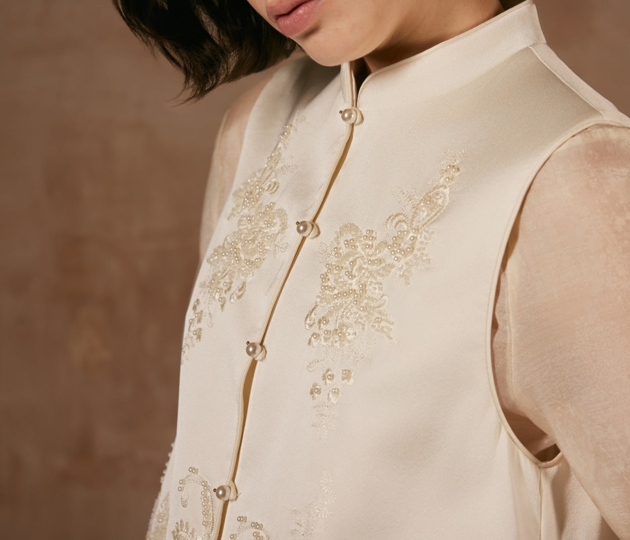 White Beading Vest with Mandarin collar