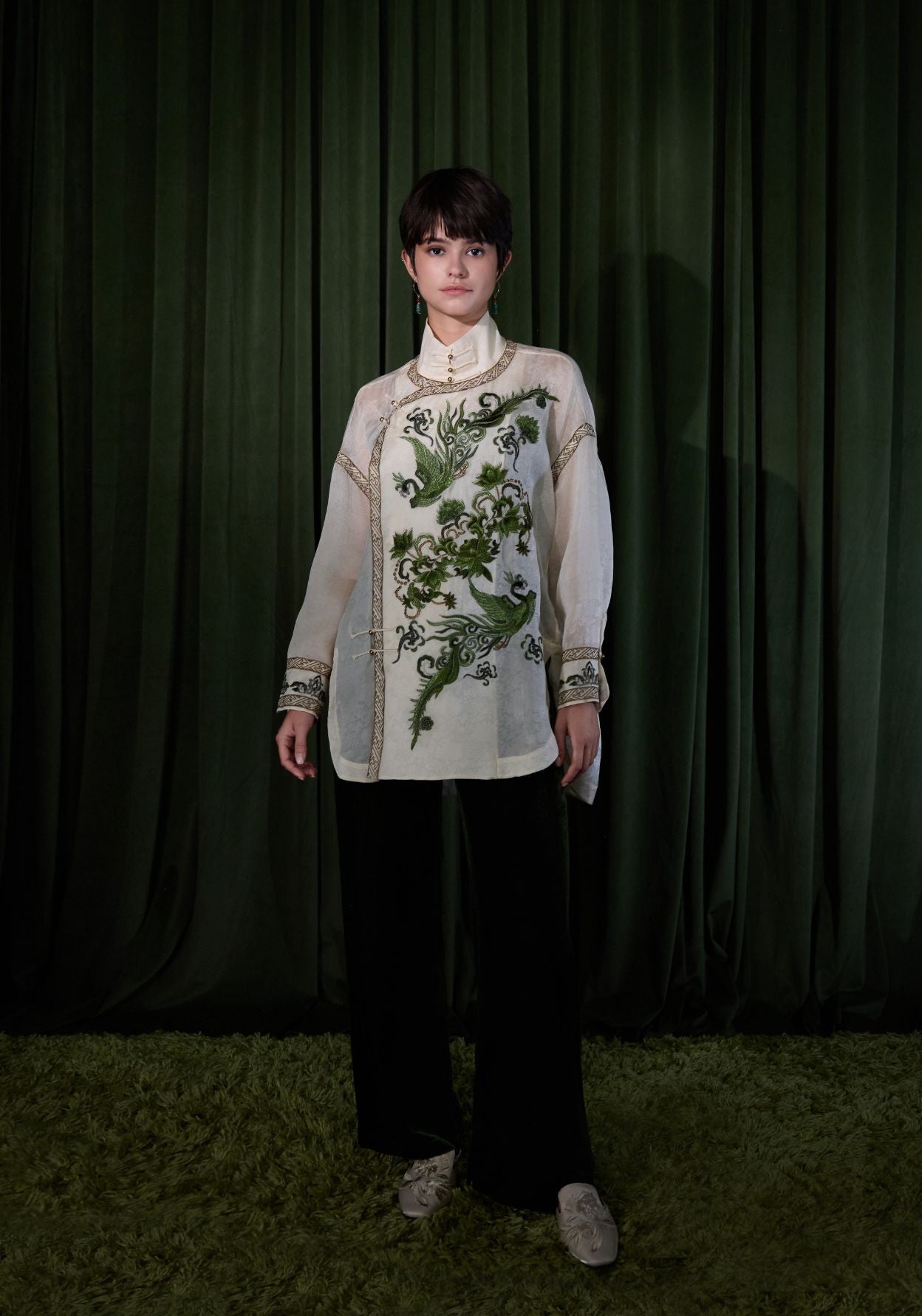 White Silk Shirt with Green Embroidery