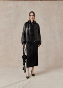 Leather Jacket with Ruffled Collar — Black
