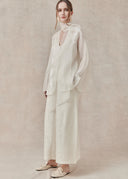 Ivory Wool & Mulberry Silk Blend Wide-Leg Trousers