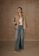 Cream Leather Jacket with Button Details