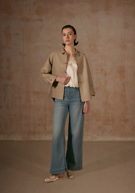 Cream Leather Jacket with Button Details