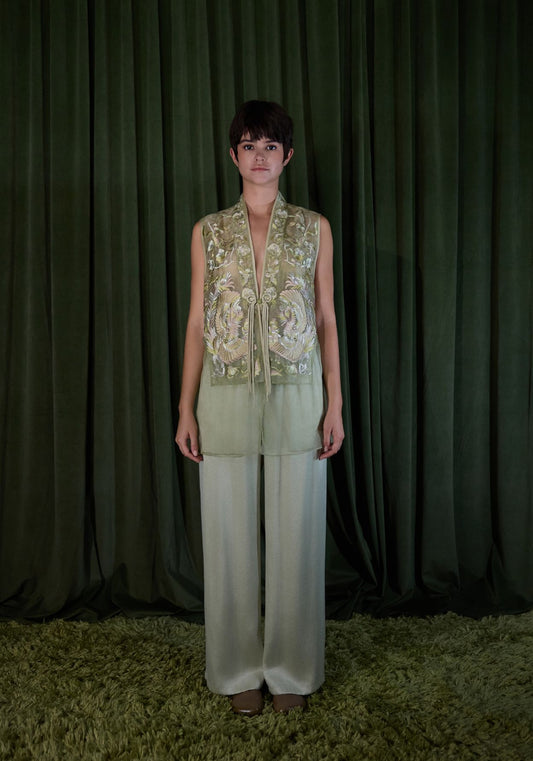 Light Green Organza Vest with Embroidery Details