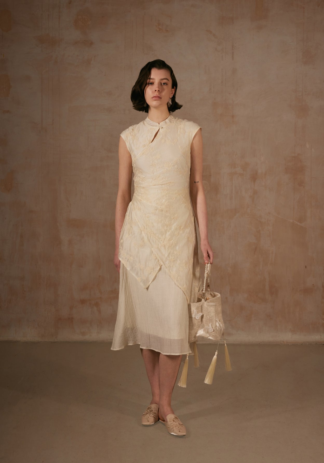 Cream Dress with Mandarin collar
