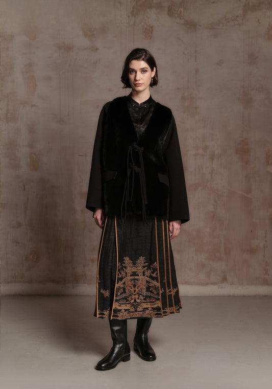 Black Fur Coat with Chinese buttons