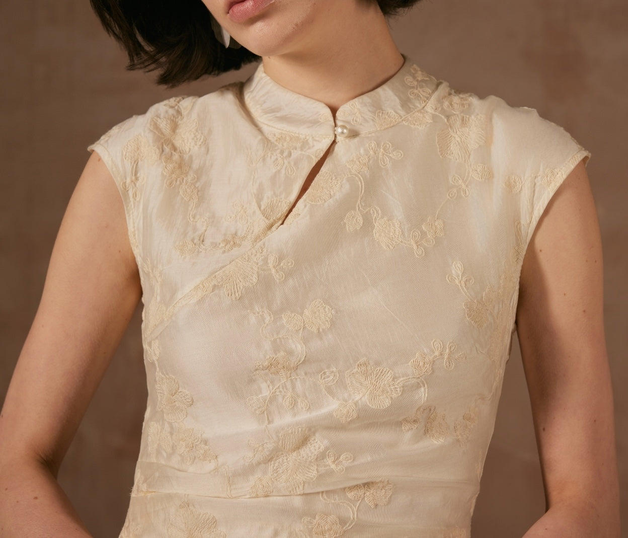 Cream Dress with Mandarin collar