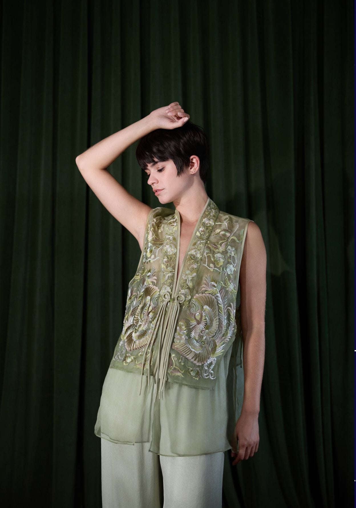 Light Green Organza Vest with Embroidery Details