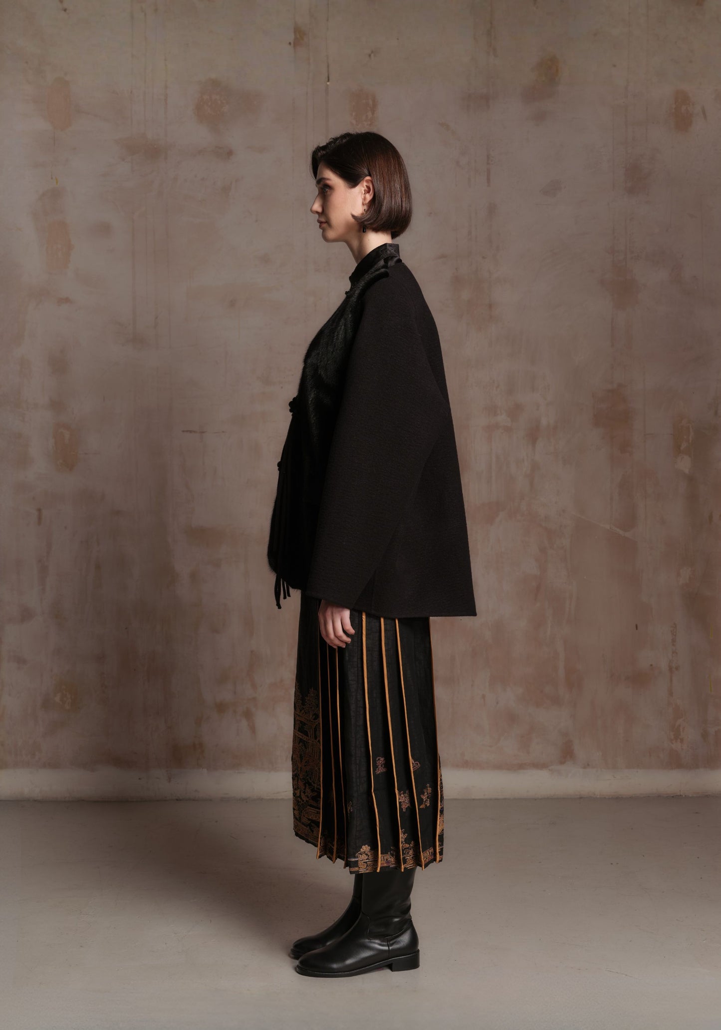 Black Fur Coat with Chinese buttons