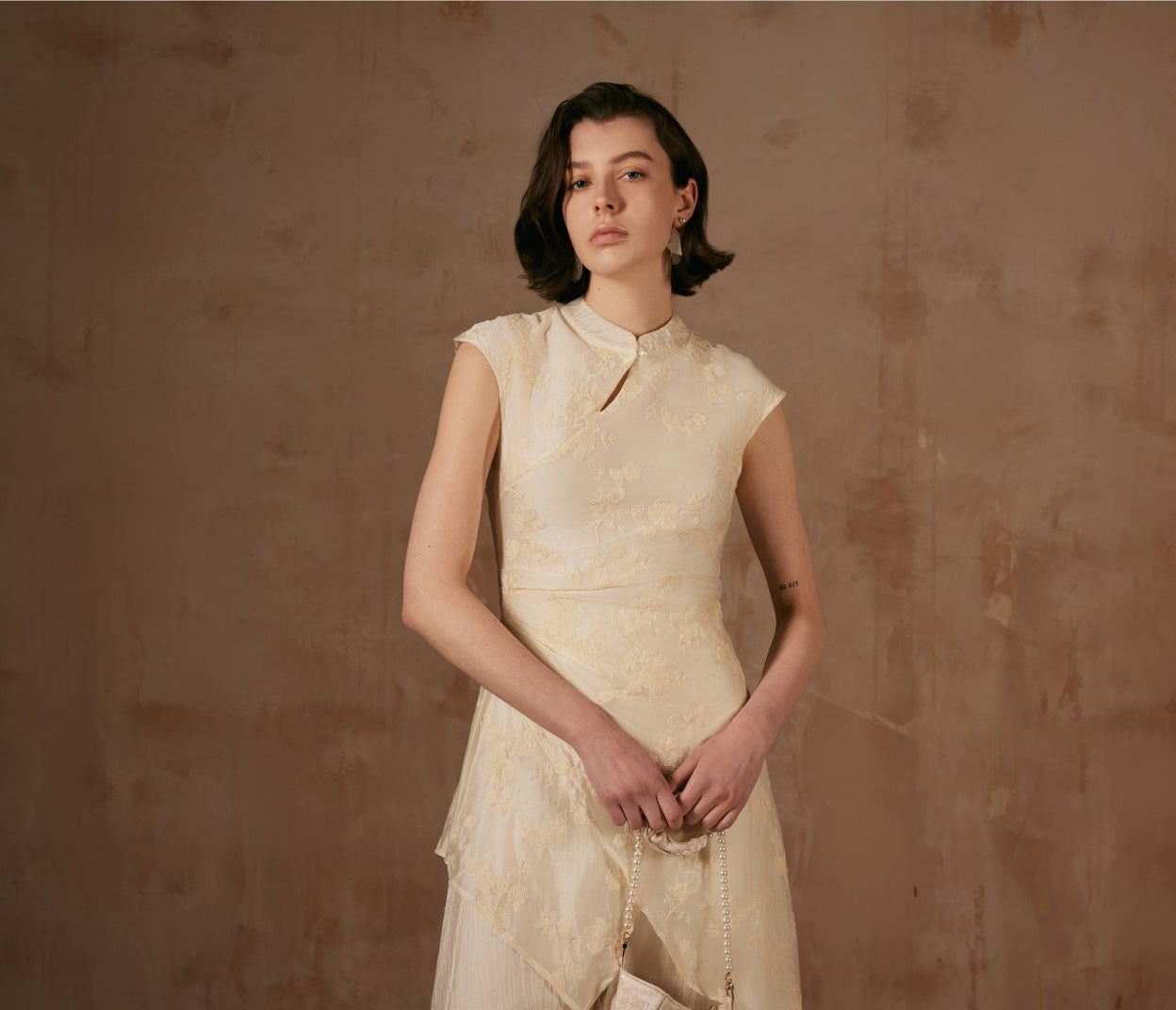 Cream Dress with Mandarin collar
