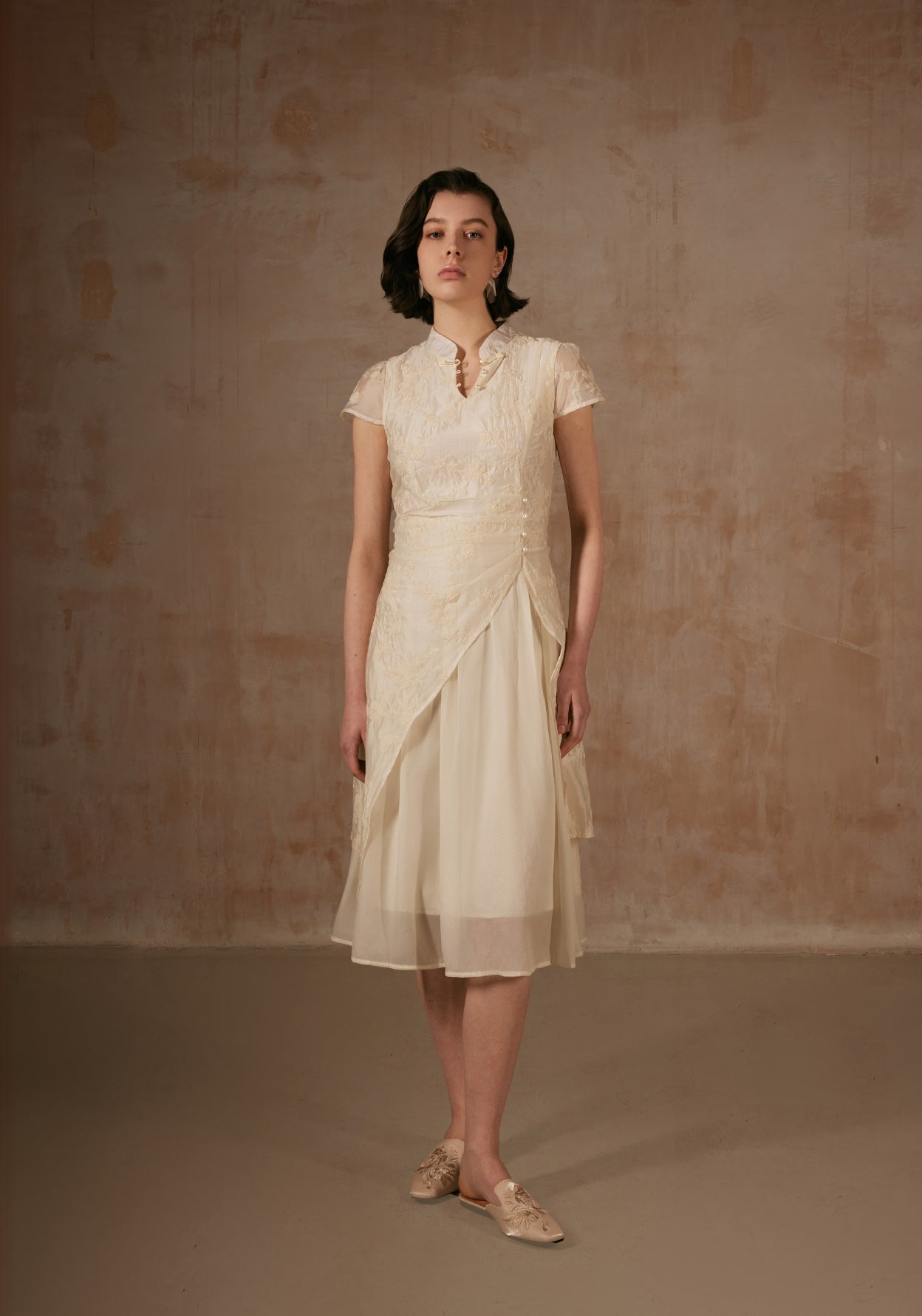 Cream Dress with Pearl Buttons
